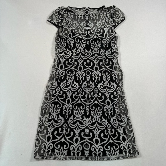 Adrianna Papell Hailey Cap Sleeve Beaded Mini Dress Womens Size 12 Black White - Picture 2 of 14